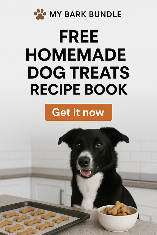 Dog sitting next to a bowl of dog treats with promotional text for a homemade dog treats recipe book.